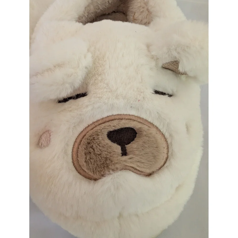 Kids Cream Fuzzy Plush Bear Slippers Faux Fur Animal Face House Shoes Size 5